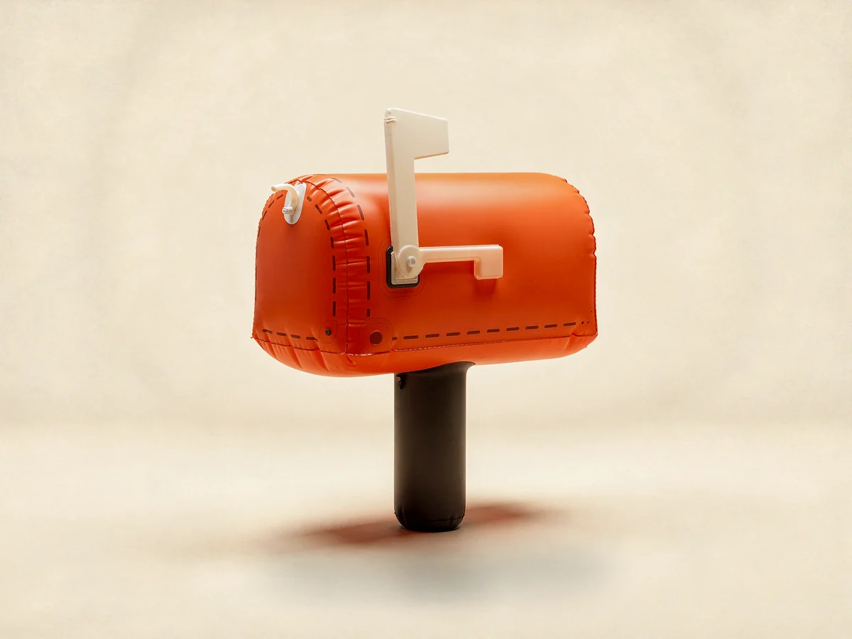 Inflatable latex envelope with a red unread badge, for the startup newsletters a founder opens on Sunday night