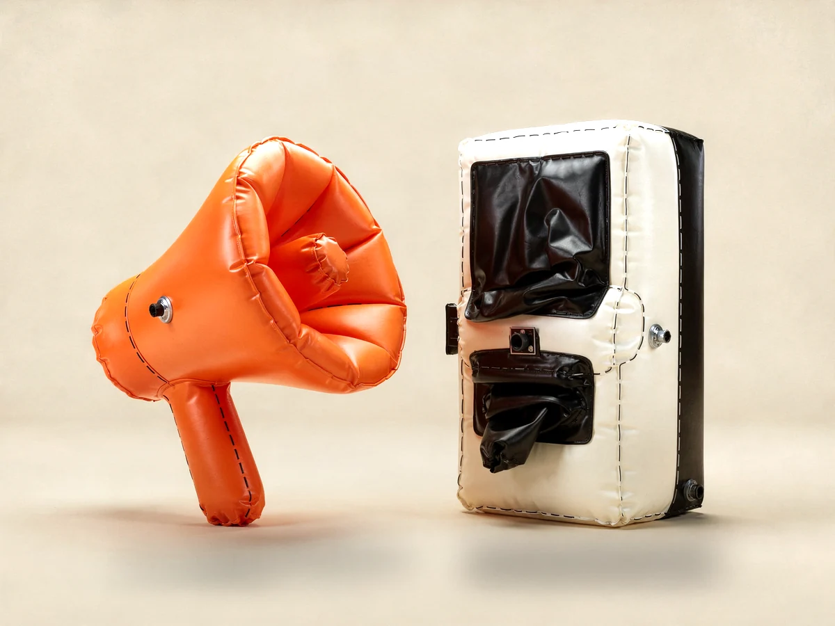 An inflated megaphone beside a deflated vending machine: founder-led GTM vs marketing agencies