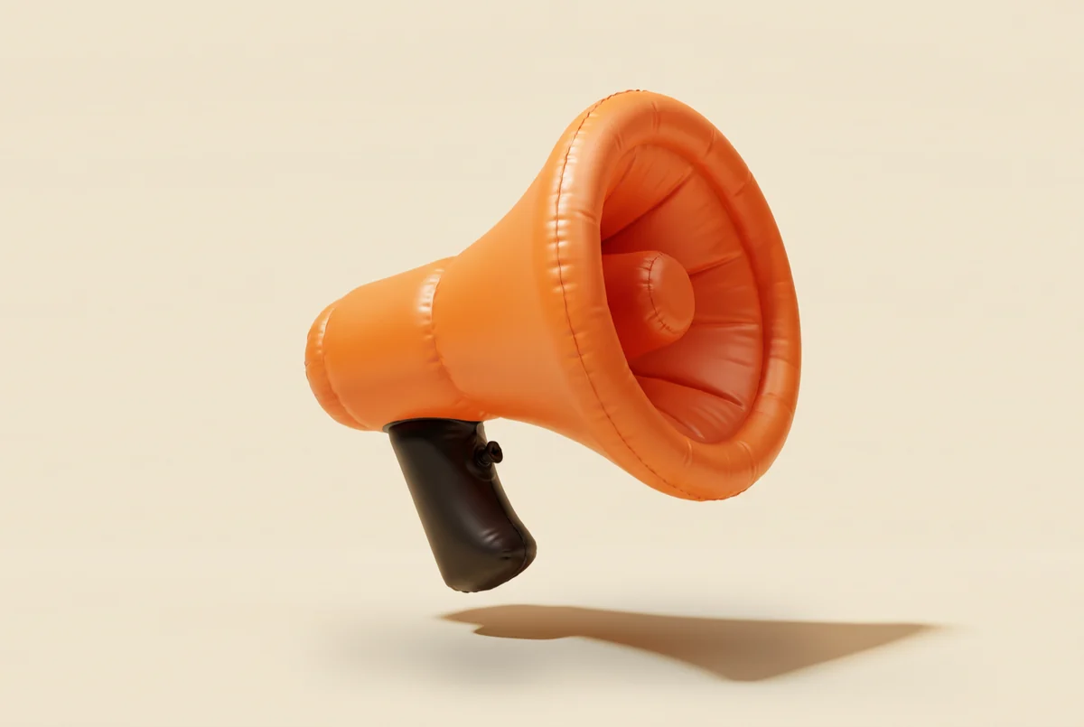 An inflatable orange megaphone