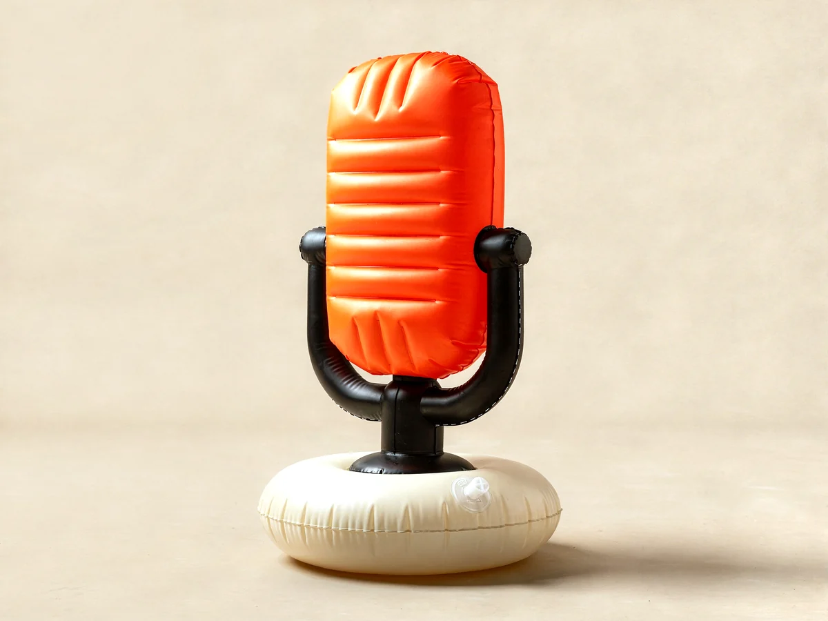 An inflatable vintage studio microphone, for Alex Muresan's talks and podcast interviews
