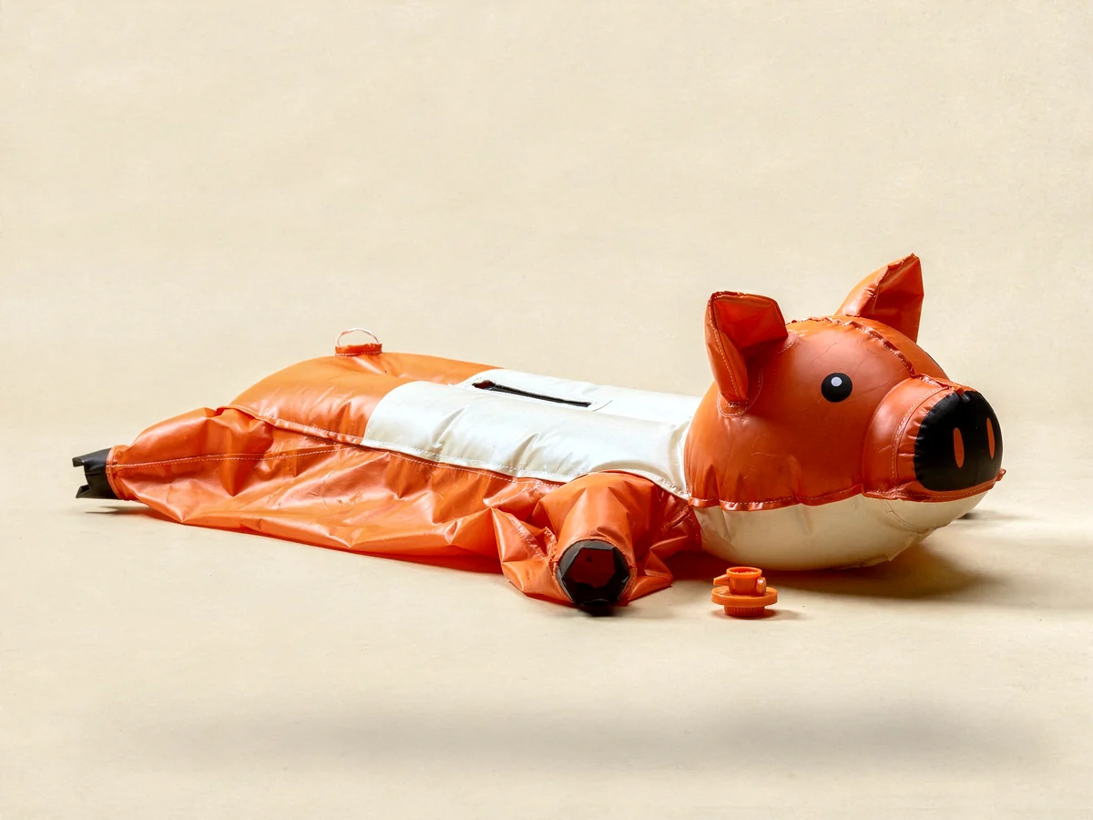 A deflated inflatable piggy bank with its plug pulled out, illustrating distribution debt