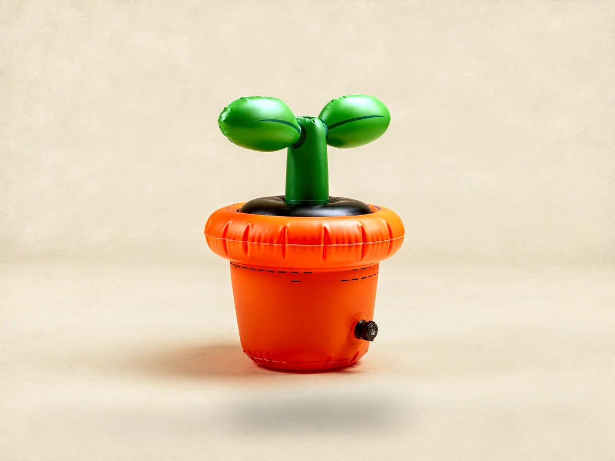 An inflatable sprout in an orange pot, standing in for a seed-stage startup finding its first repeatable channel