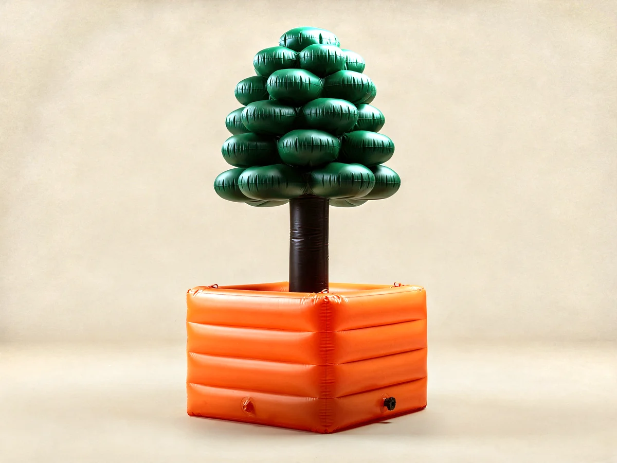 An inflatable green tree outgrowing its square orange planter, a Series C startup that has outgrown its first channel
