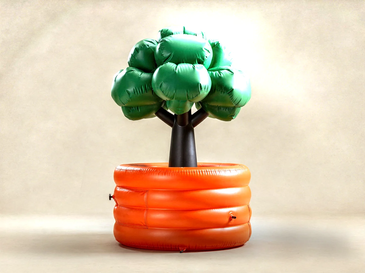 An inflatable latex tree with a visible valve, standing for a Series B startup that has taken root and now has to keep growing